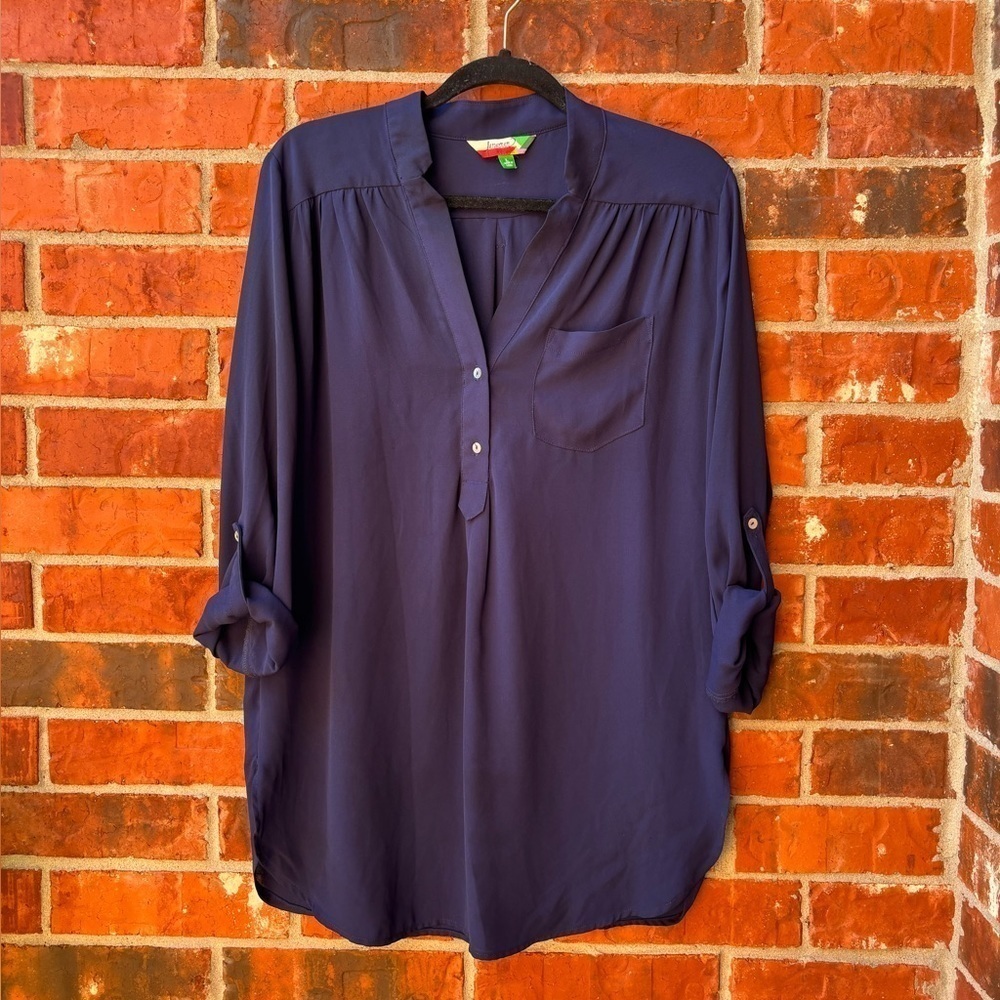 Fervour Womens Large Blue Roll Tab Vneck Popover Chiffon Career Top